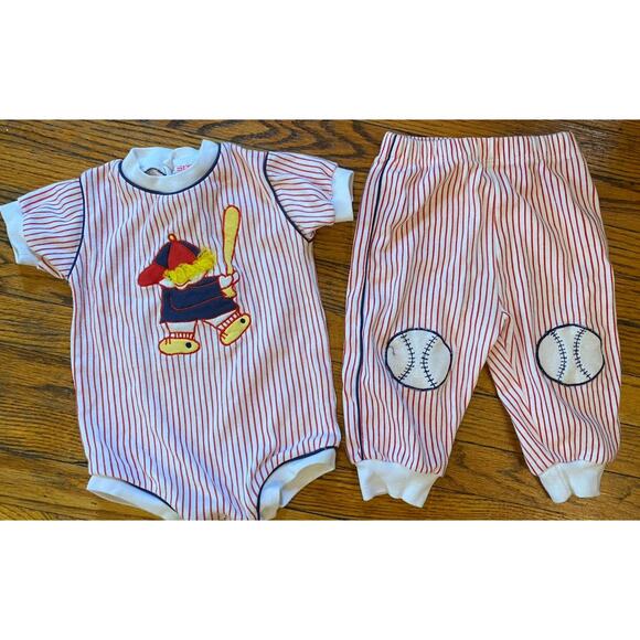 Vintage Infant Boys 18M Stripes Sweat Pants Outfit Baseball Small Steps - Picture 1 of 3